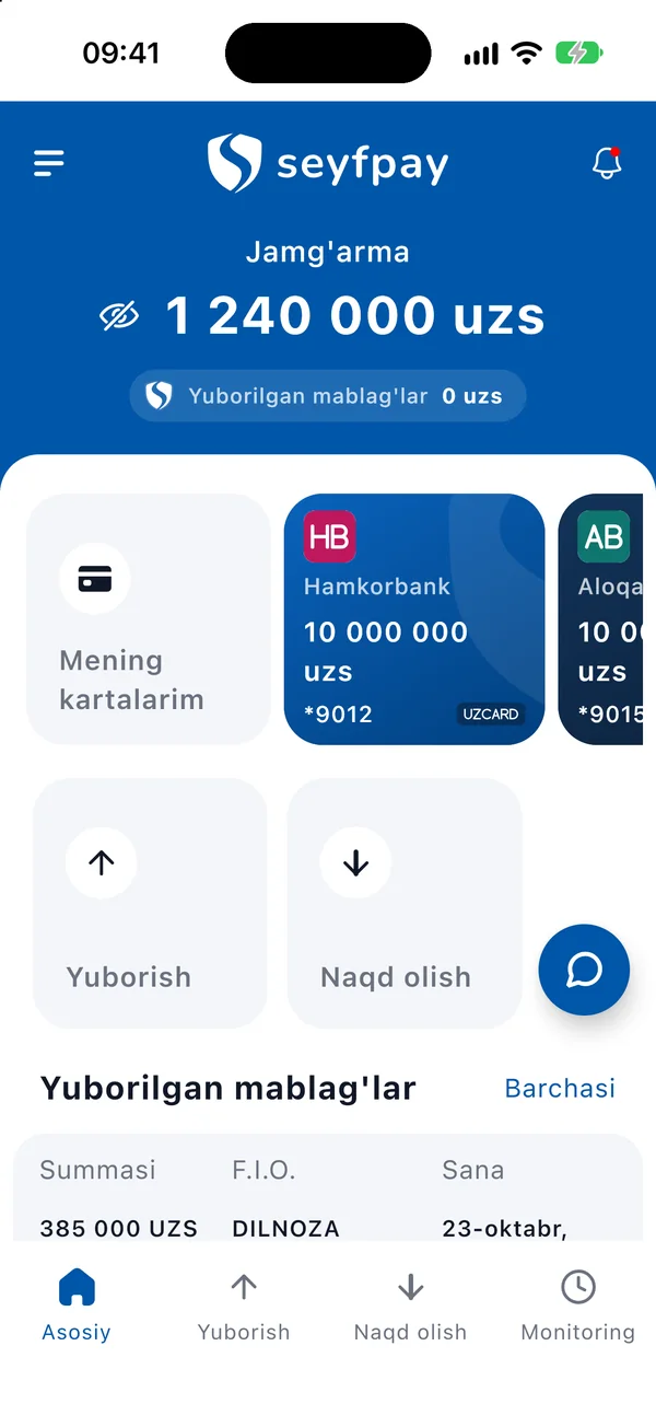 SeyfPay ilovasining bosh ekrani