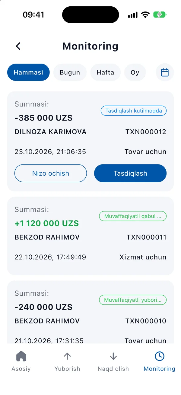Ilovadagi bitimlar ro‘yxati: tasdiq kutayotgan bitim